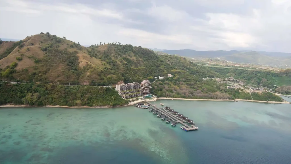 Aerial view of a Labuan Bajo resort and its private jetty